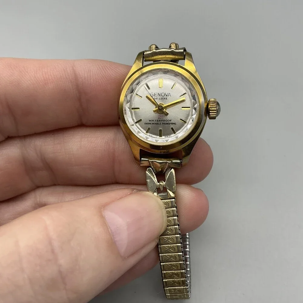 Vintage Genova De Luxe Womens Watch 22mm Gold Tone Stretch Swiss Manual Wind